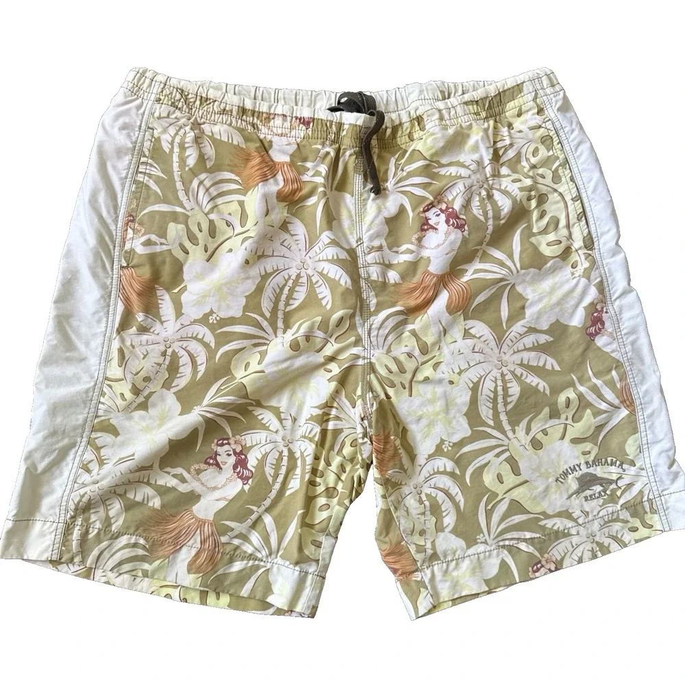 Tommy Bahama Swim Trunks Men's Size XL  Tan Tropical Print Pockets 8.5